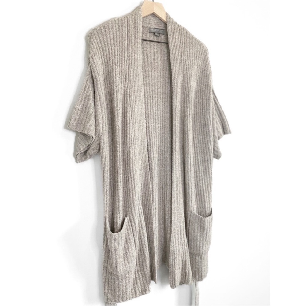 Barefoot Dreams Cozy Chic Lite Short Sleeve Belted Ribbed Cardigan, Grey -Size L